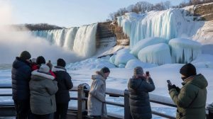 At minus 55 degrees, Niagara Falls have nearly frozen solid and the breathtaking spectacle has split opinion around the world